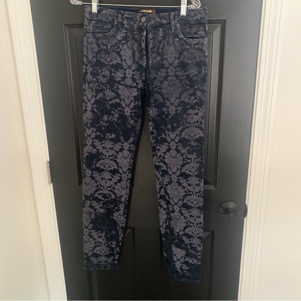 Roberto Cavalli | Floral Velvet Patterned Dark Blue Jeans | Sz 30